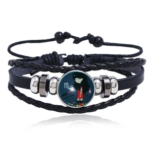 Punk 12 Zodiac Luminous Cowhide Bracelet Multi Layer Braided Leather Constellation Glow In The Dark Charm Bracelet Unisex Jewelry