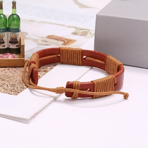 Handmade vintage braided leather bracelet for men with adjustable cord and wrap detail