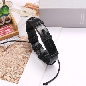 Adjustable woven black leather punk bracelet with stylish wrap design and cord pull closure