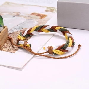 Handmade woven multilayer leather bracelet in white yellow green and brown colors