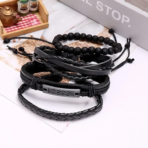 Retro 5-piece black leather bracelet set featuring hope plate and braided beads