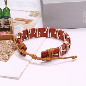 Retro punk woven leather bracelet for women with white cotton stitching and adjustable cord