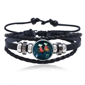 Punk multi-layer braided leather bracelet with luminous Gemini zodiac glass gem charm