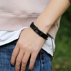 Minimalist woven black leather bracelet for women with punk style adjustable cord