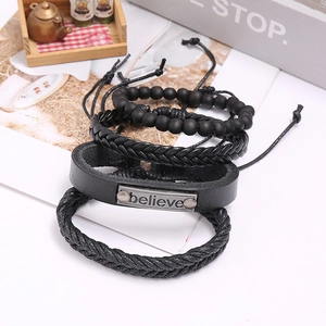 Four-piece set of men's vintage black leather woven bracelets with believe metal plate