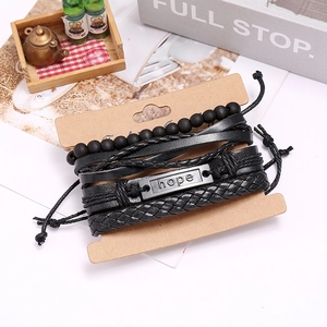 Multi-layer black braided leather bracelet set with hope charm on display card