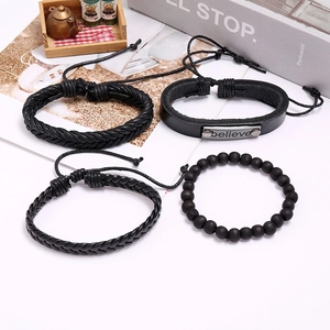 Men's 4-piece set of black braided leather bracelets with metallic believe tag