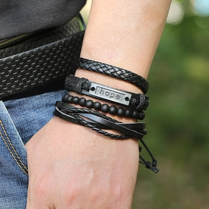 Men's retro multi-layer black braided leather bracelet set with Hope engraved metal plate