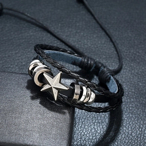 Braided black leather star charm bracelet with multi-layer cord and adjustable pull knot
