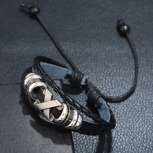 Retro multi-layer woven black leather bracelet with silver X-shaped metal charm and adjustable cord