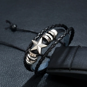 Retro multi-layer star beaded leather bracelet with adjustable cords in black finish