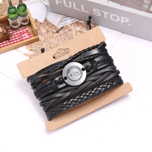 Handmade multilayer black leather woven bracelet with Tai Chi Yin Yang symbol charm