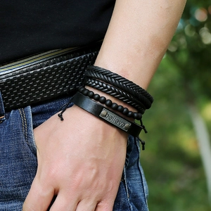 4-piece vintage black leather bracelet set for men featuring a metallic Believe charm