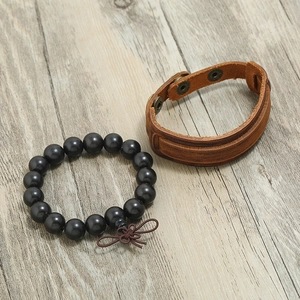 Men's retro black bead bracelet and vintage brown leather cuff set with metal buckles