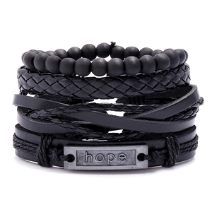 Punk Cowhide Leather Braided Bracelet Set Unisex Vintage Hemp Rope Wood Beads Alloy Hope Believe Charm Wrap Wristband Jewelry