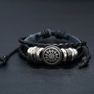Bracelet multicouche en cuir tressé réglable avec tournesol en argent de style vintage