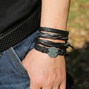 Handmade multilayer leather bracelet set with Yin Yang Tai Chi charm and adjustable cord