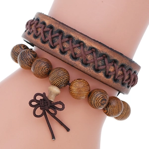 Bracelet Tressé en Cuir Vintage pour Hommes Avec Perle en Bois Multicouche Style Ethnique Vieilli Bracelet Réglable Bijoux