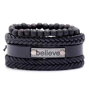 Men Retro Multi-layer Bracelet Set Punk Woven Leather Cowhide Braided Wood Beads Alloy Believe Letter Plate Adjustable Jewelry
