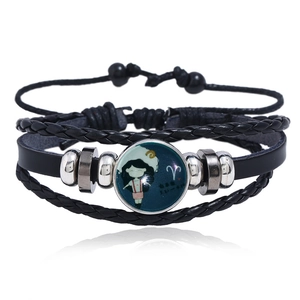Luminous Aries zodiac leather bracelet with black braided cords and cartoon charm