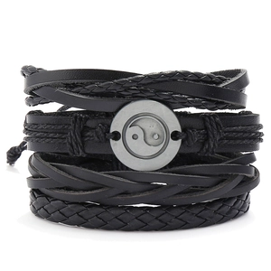 Vintage Punk Multi-layer Leather Bracelet Set For Men Women Handwoven Cowhide Yin Yang Tai Chi Charm Adjustable Bracelet Jewelry