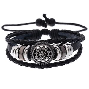 Bracelet Multi-couches en Cuir pour Hommes avec Charme de Tournesol en Alliage Corde Tressée Réglable Bijoux Punk Rétro