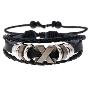 Vintage Multilayer Braided Leather Bracelet Men Women Alloy X Metal Charm Adjustable Beaded Punk Style Wristband Jewelry