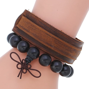 Retro Men Cowhide Leather Bracelet Set With Wood Beads Braided Layered Punk Bohemian Adjustable Bracelet Set For Men Jewelry