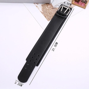 Men's double-layered black wide leather punk bracelet with multi-row metal buckles