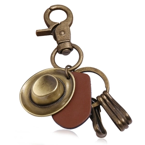 Vintage Leather Cowboy Hat Keychain Bronze Metal Key Ring Western Style Pendant Car Hanging Ornament Accessories