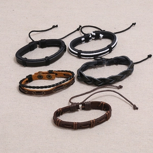 Retro vintage multilayer braided leather bracelet set for men with five adjustable styles