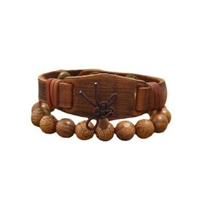 Retro men's brown leather bracelet set with natural wooden beads and metal rivets