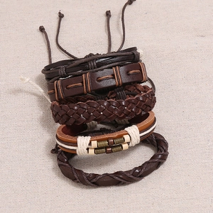 5-piece men's vintage leather bracelet set with braided ropes and bead accents