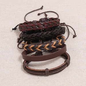 Vintage braided leather bracelet set for men and women with adjustable drawstring closure