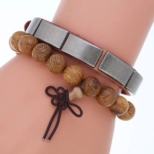 Set Bracciale da Uomo in Pelle di Vacchetta Vintage Con Perline di Legno Accenti in Lega Invecchiata Retro Punk Stile Multistrato