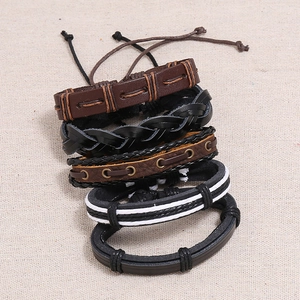 Five-piece vintage braided leather bracelet set with adjustable cord in punk style