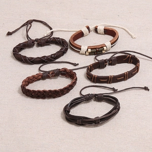 5-piece vintage multilayer woven leather bracelet set with ethnic braided cord and beads