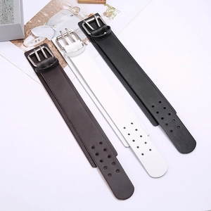 Macro detail of triple-colored men's punk leather bracelets with double buckle design