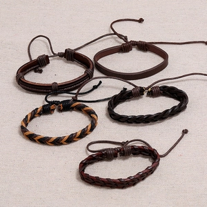 5-piece vintage braided leather bracelet set for men with adjustable drawstring closure