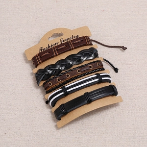 5-piece vintage braided leather bracelet set in black and brown on display card