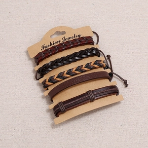 Five-piece vintage braided leather bracelet set for men in earthy brown and black tones