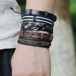 Vintage multi-layer braided leather bracelet set for men with bronze metal accents