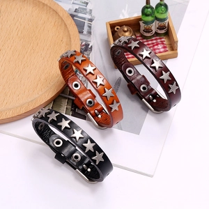 Punk vintage cowhide leather bracelets set with silver pentagram star metal studs