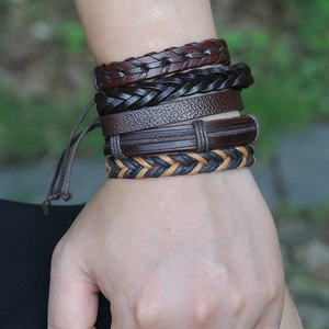 Men's vintage braided leather bracelets set featuring 5 layered bohemian style bangles