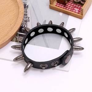 Punk style black leather bracelet with gunmetal bullet studs and metal snap closure