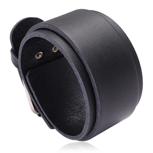 Men's wide black leather punk bracelet with double-layer design and silver buckle