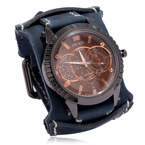 Retro punk style men's quartz watch with wide navy leather strap and black metal case