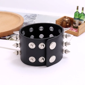 Three-row silver spiked stud punk leather bracelet with double snap buttons for men and women