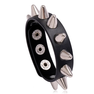 Punk Rock Black Artificial Leather Spike Studded Bracelet For Men Women Gothic Biker Jewelry With Adjustable Metal Buckle