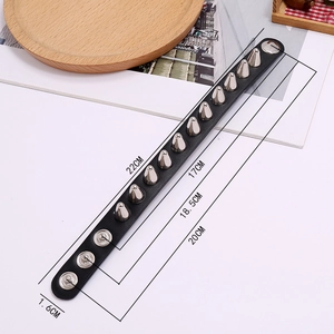 Punk black leather spike bracelet for men featuring silver metallic rivets and adjustable snaps